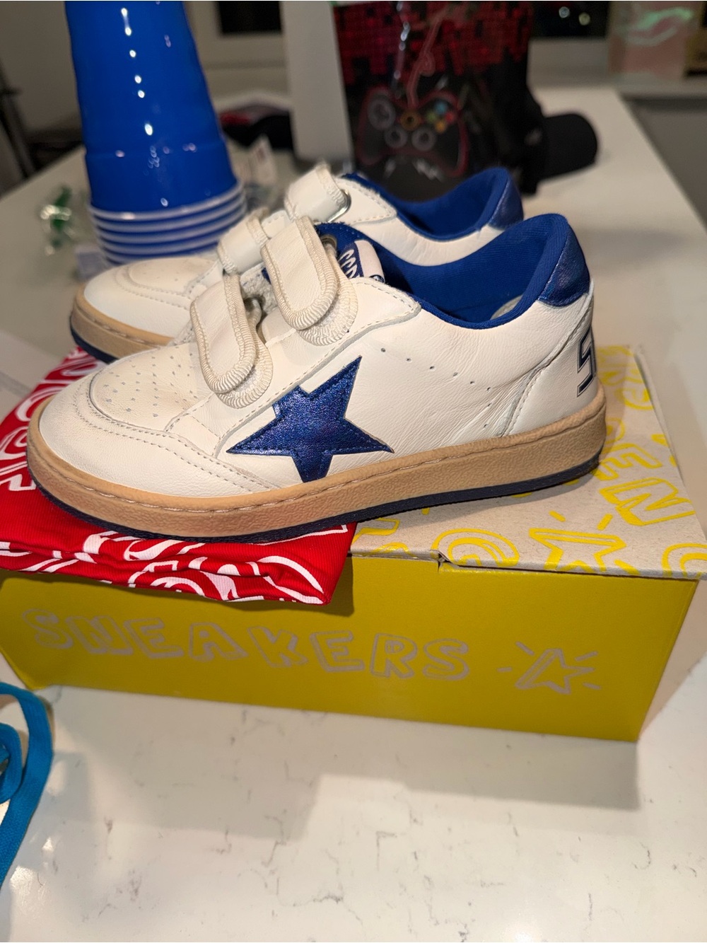 Golden Goose Kids White Leather Sneakers with Blue Star and Blue Trim